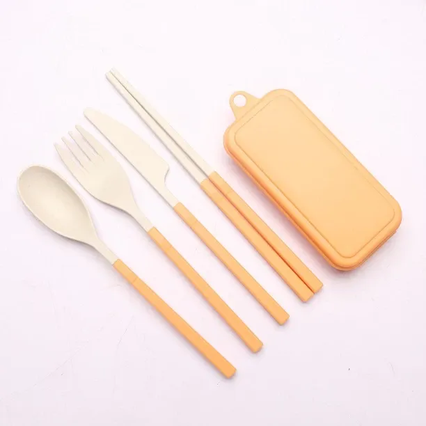 Huanix Yellow,4Pcs Portable Plastic Cutlery Wheat Straw Dinnerware Set Detachable Outdoor Camping C…