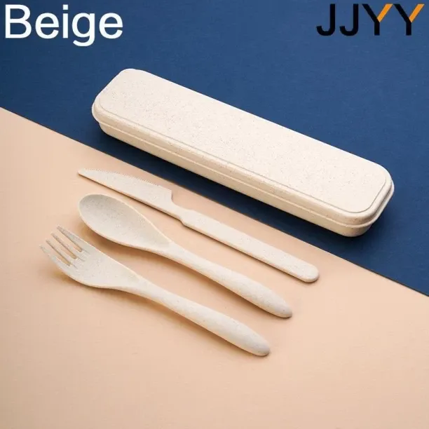 Huanix beige,3Pcs Wheat Straw Dinnerware Set Portable Tableware Knife Fork Spoon Eco-Friendly Trave…