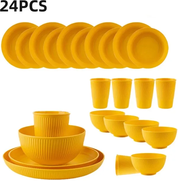Huanix Yellow,24pcs Reusable Plastic Dinnerware Set, Reusable Cup, Plate And Bowl Set, Suitable For…