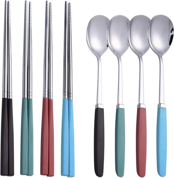 Huanix 8Pcs 4Color 8,Tableware Set 304 Stainless Steel Cutlery Set High Quality Dinner Set Spoon Ch…