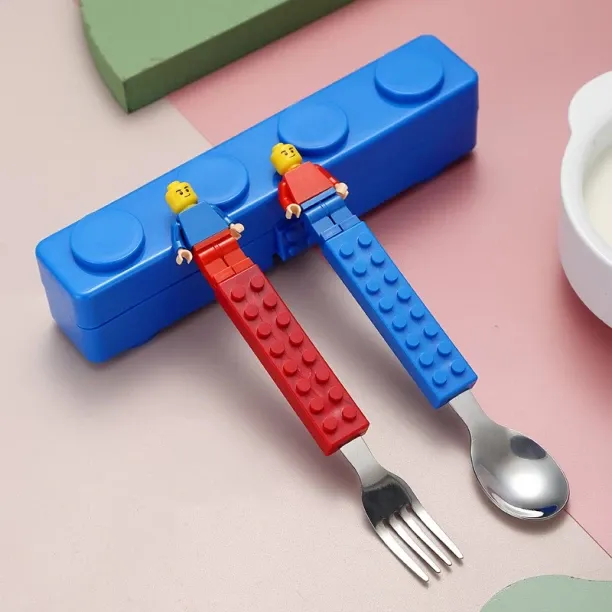 Huanix Blue,Portable Cutlery Children Set Fun Building Block Kids' Fork & Spoon Set Stainless Steel…