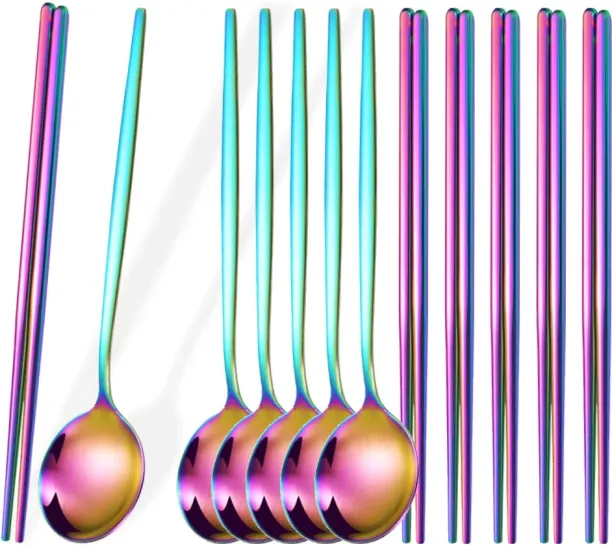 Huanix Rainbow,12Pcs Household Black Gold Cutlery Set Flatware Chopsticks Spoon Stainless Steel Din…