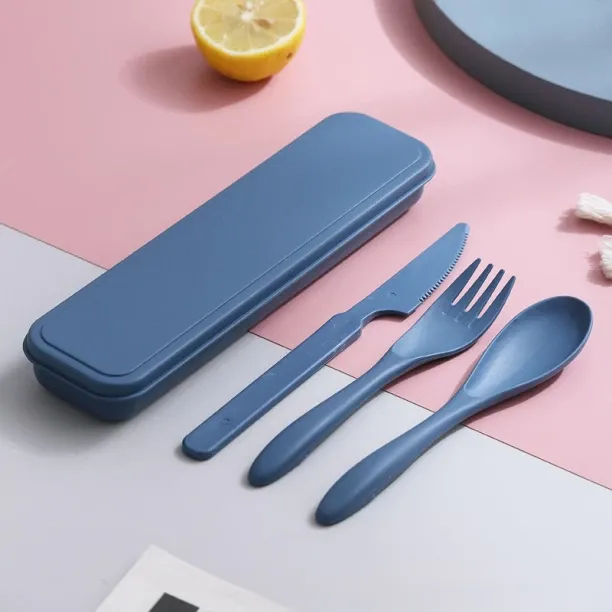 Huanix Blue,3In1 Wheat Straw Dinnerware Set Portable Reusable Cutlery Sets Knife Fork Spoon Chopsti…