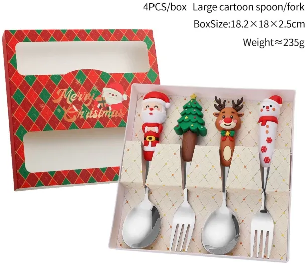 Huanix 4Pcs-Silver-Red-A,Christmas Coffee Spoons Forks Set Stainless Steel Spoon Forks Christmas Gi…