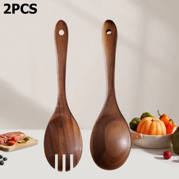 Huanix Salad Spoon 2PCS,2pcs Salad Spoons 10-inch Durable Acacia Wood Cutlery Set Salad Mixer Fork …