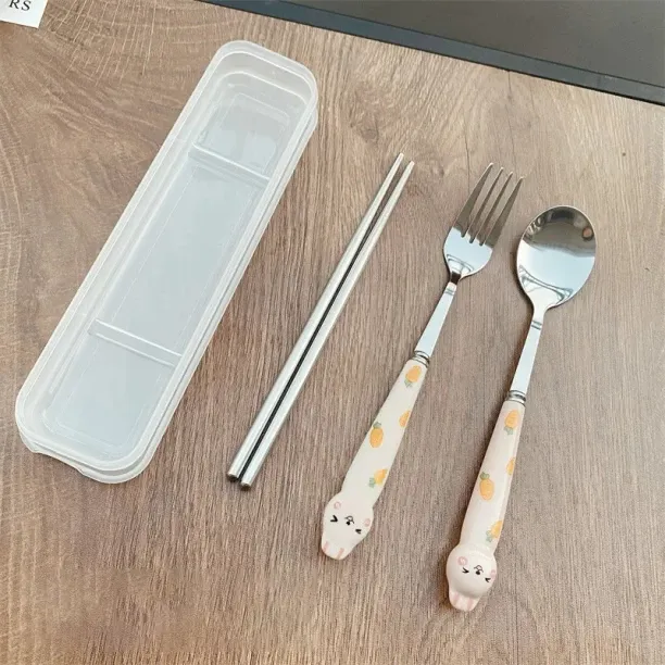 Huanix Carrot Pink-Set C,Cutlery Cartoon Rabbit Spoon Fork Chopsticks Sets Portable Lunch Tableware…