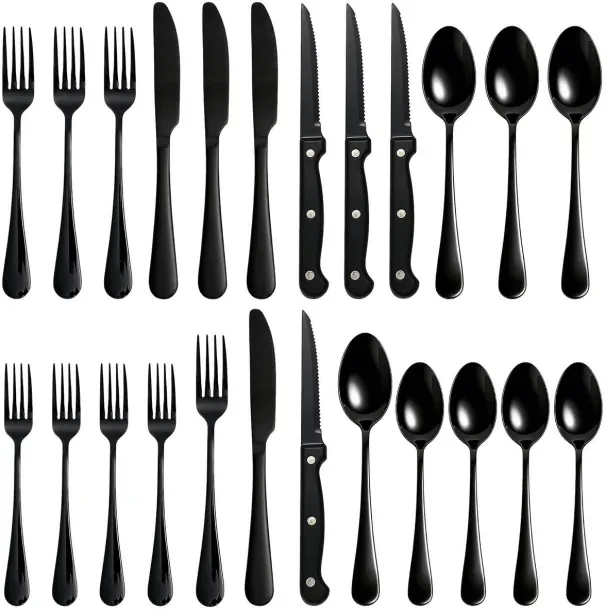 hinotori Cutlery Set Stainless Steel Black with Steak Knives Knife, Fork for Home Dining - 24pc Sta…