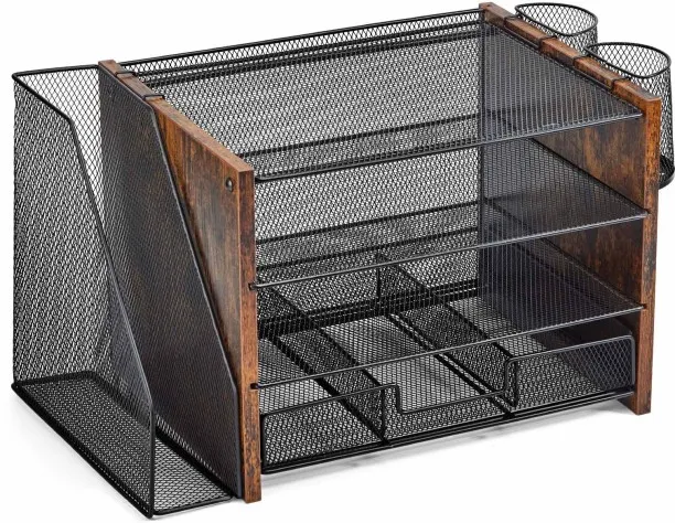 chenshia 8 Compartments Wood, Metal 4-Tier Mesh Desk Organizer with Wooden Side Panels & Sliding Dr…