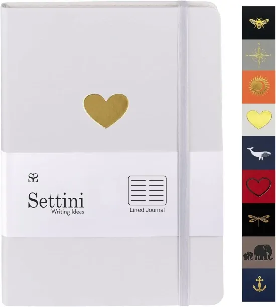 Hi Pansy White Heart Journal - Faux Leather, Lay Flat Design - Lined Pages, Elastic Closure, Bookma…