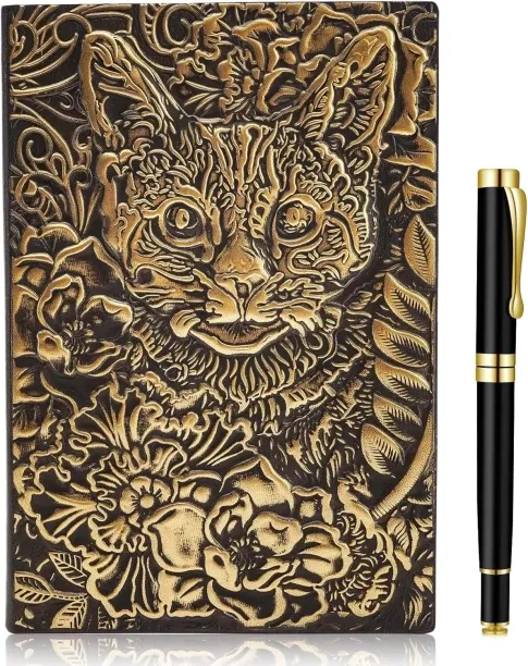 Hi Pansy 3D Cat DND Notebook+Pen Set,Embossed Faux Leather Cover Journal,Handmade Daily Notepad Per…