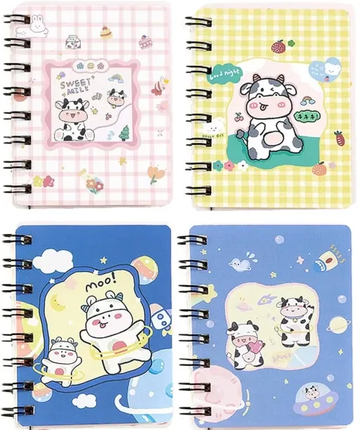 Hi Pansy Small Mini Spiral Notebooks, 4Pcs Cute Kawaii Cow Designs Thick Hardcover Memo Notepads Bl…