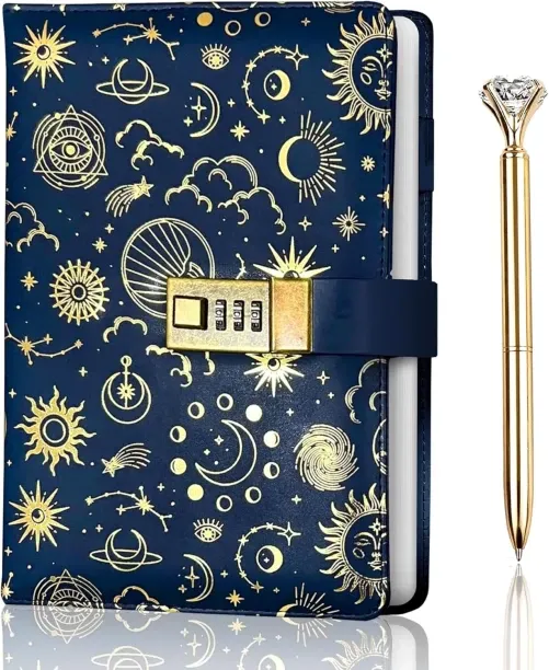 Hi Pansy Navy Blue NightSky Diary with Lock , Gold Foil PU Leather Journal with Lock bundled Pen , …