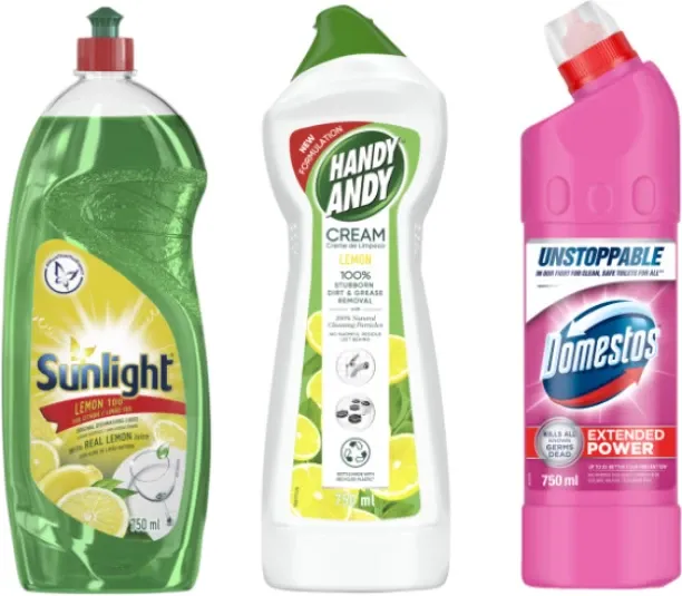 Unilever SA Sunlight lemon dishwashing liquid, Handy Andy cream cleaner & Domestos extended power b…