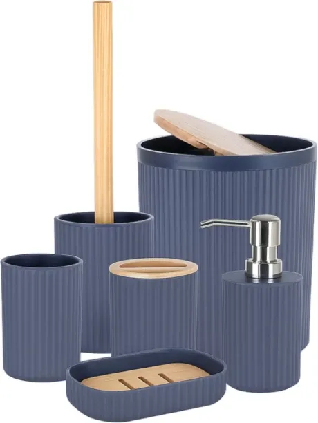 Bathlux Bathroom Accessories Set 6 Piece Navy Blue with Bamboo Accents Ribbed Design Bamboo Dispens…