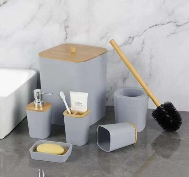 PrimePickSA 6-Piece Bathroom Accessories Set – Modern Grey & Bamboo Organiser, Includes Soap Dispen…