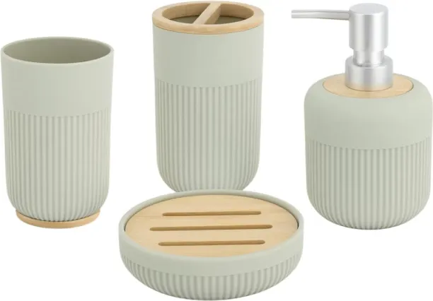 Bathlux Modern Bathroom Accessories Set 4-Piece Sage Green with Bamboo Accents Ribbed Texture Desig…