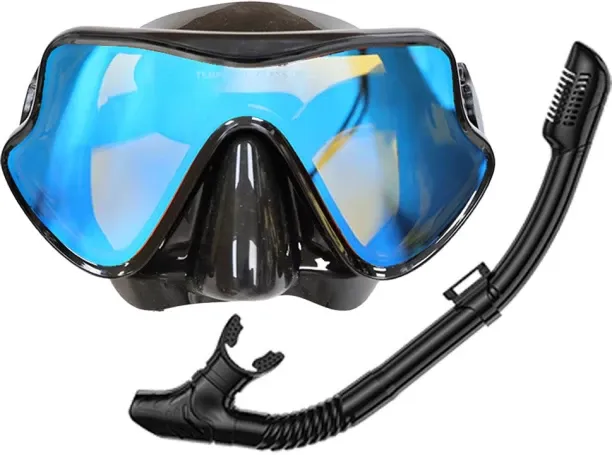 Huanix diving goggles snorkeling mask breathing tube,All Black-Blue Plastic Silicone Aspheric Lens …