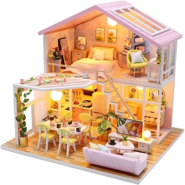 Bloo DIY Miniature House Kit, Tiny House Kit with Furniture & LED, DIY Wooden Dollhouse Miniature K…