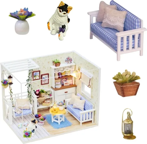 Bloo Miniature House Kit, Mini House Building Kit with Dust Proof Cover & Furniture, DIY Miniature …