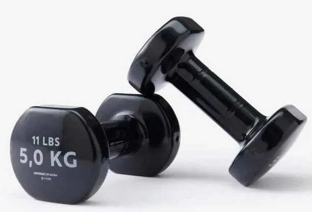 DOMYOS Fitness 5 kg Dumbbells Twin-Pack - Black Fixed Weight Dumbbells