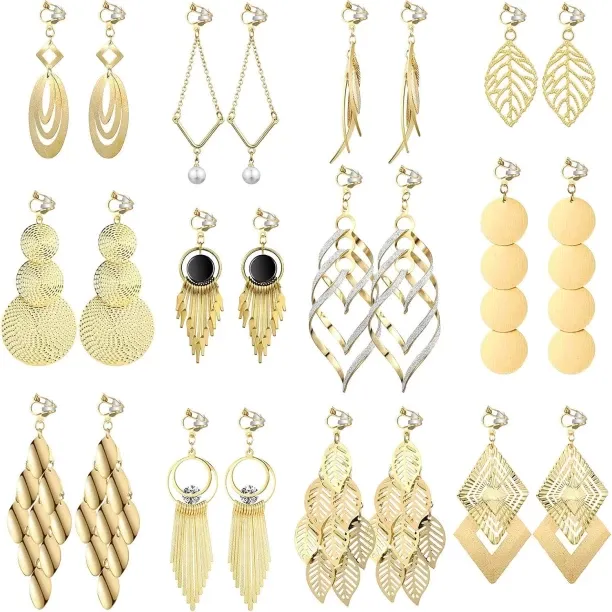 Jingchao 12 Pairs Clip on Earrings Dangle Drop Dangle Earrings Set Bohemian Tassel Pendant Plated E…
