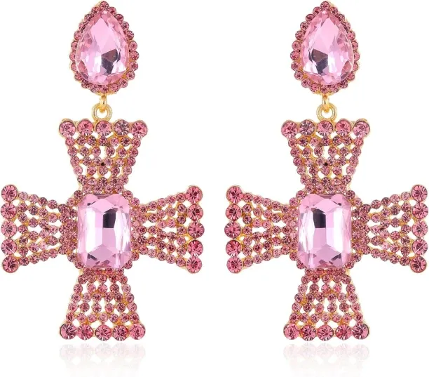 Jingchao Statement Clip on Earrings Imitation Rhinestone Crystal Big Cross Clip on Earrings for Wom…