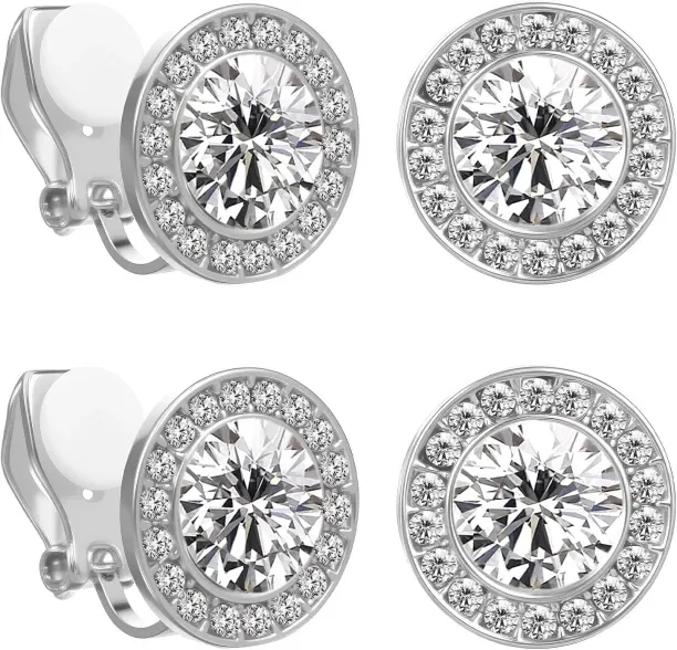 Pofufusm Cubic Zirconia Clip on Earrings Dance Earring Clip on Halo Earrings Round Acrylic Stone In…