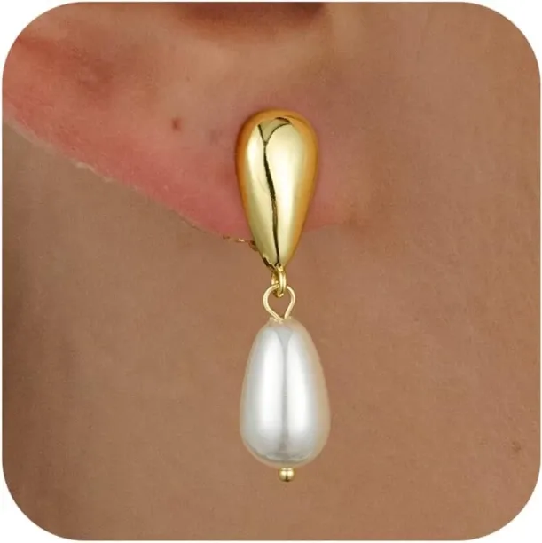 Pofufusm Clip on Earrings for Women - Gold Plated Hypoallergenic Pearl Earrings for Women - Drop Da…