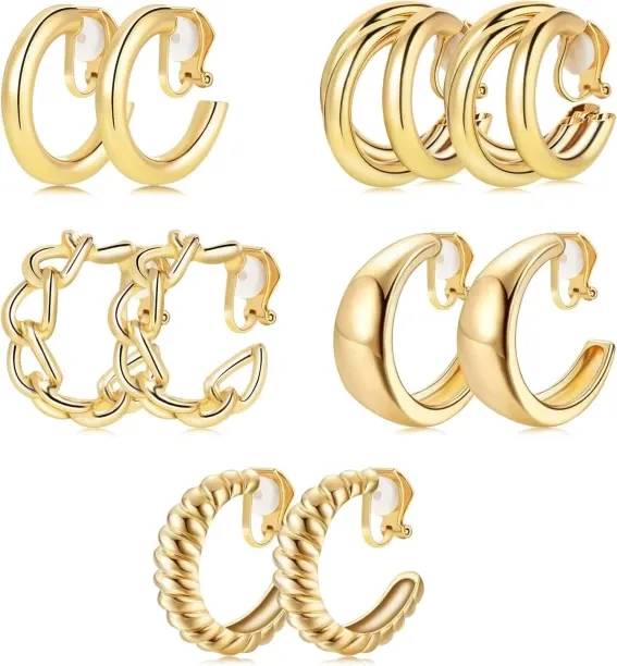 Pofufusm 5 Pairs Clip on Earrings Women, Gold Fake Earrings, Trendy Non-Pierced Jewelry Cubic Zirco…