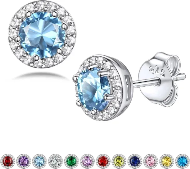 Shiyuan Sparkling 925 Sterling Silver Birthstone Stud Earrings for Women, Heart/Round/Teardrop/Squa…