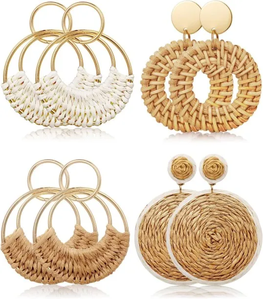 Junxidz 4 Pairs Handmade Raffia Rattan Bohemian Round Drop Dangle Earrings for Women, Boho Statemen…
