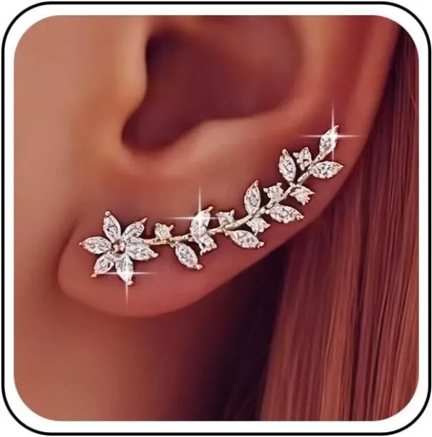 Jingchao Boho Long Crystal Cuff Wrap Earrings Gold Rhinestone Climber Earring Cz Flower Ear Pins Cr…