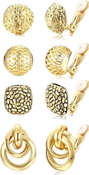 Pofufusm 4Pairs Clip On Earrings for Women Gold Silver Clip On Hoop Earrings Chunky Teardrop Clip E…