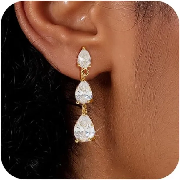 Pofufusm Gold Clip on Earrings for Women Cubic Zirconia Dangle Drop Earrings Gold Non Pierced Heart…