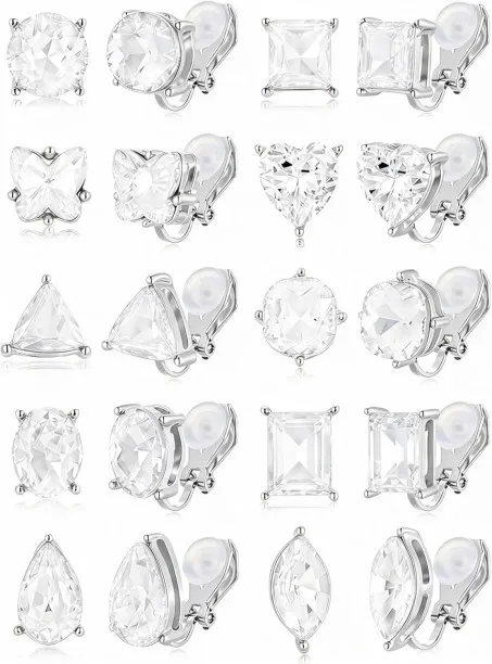 Jingchao 10 Pairs Clip On Earrings Non Pierced Geometric CZ Stud Earrings for Women Round Teardrop …