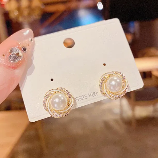 wangran E648 white Pearl Alloy Stud Earring