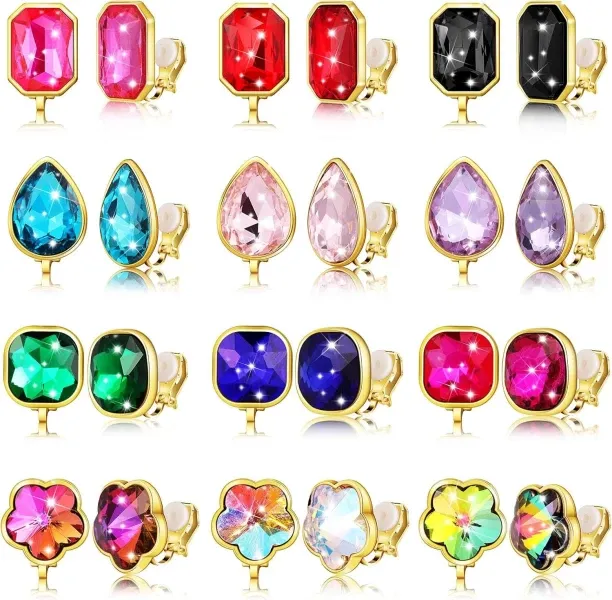 Jingchao 12 Pairs Clip on Earrings with Rhinestone, Non-pierced Vibrant Color Iridescent Birthstone…