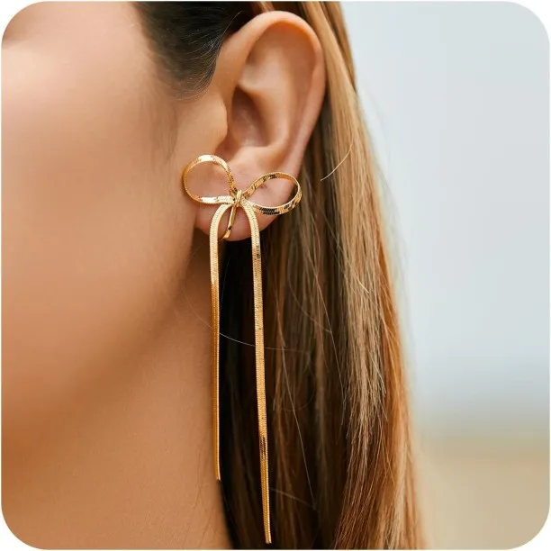 Pofufusm Gold Plated Clip On Earrings for Women Non Piercing Bow Earrings Ribbon Dangle Drop Tassel…