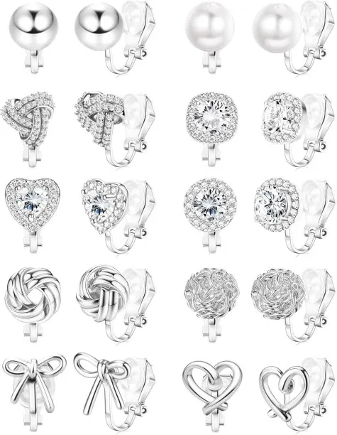 Pofufusm Clip on Earrings for Women Gold Plated Cubic Zirconia Clip On Stud Earrings Non-Pierced Tw…