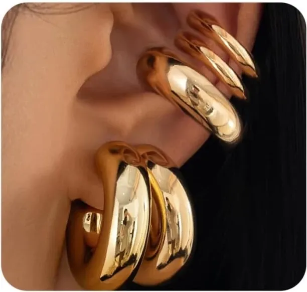 Jingchao Chunky Gold Huggie Earrings Sets for Women Vinatge Non Piercing Ear Cuff Statement Earring…