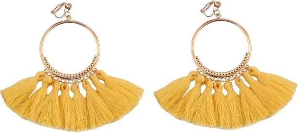 Jingchao Large Cotton Fiber Tassel Bohemain Clip on Earrings No Pierced for Women Ear Clip (Yellow)…