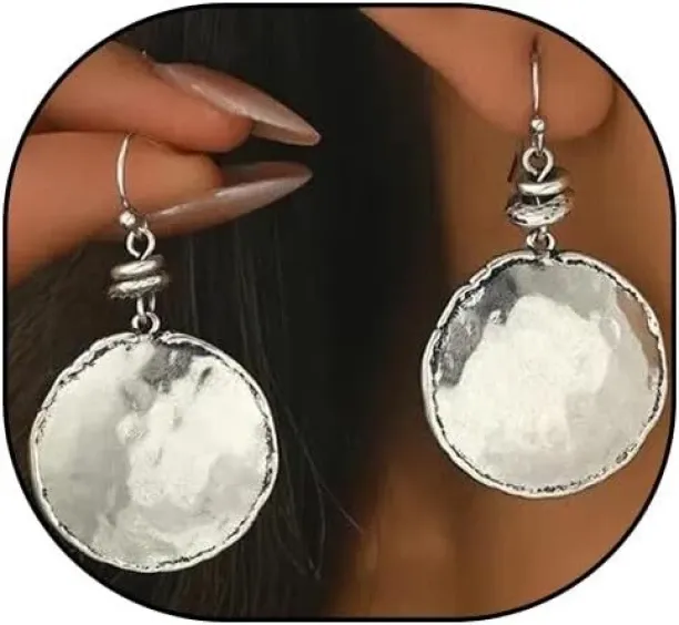 Shiyuan Antique Silver Hammered Coin Disc Dangle Earrings Alexandrite Alloy Clip-on Earring