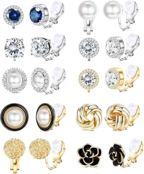 Pofufusm 10 Pairs Clip Earrings for Women Clip On Earrings for Non Pierced CZ Flower Simulated Fres…
