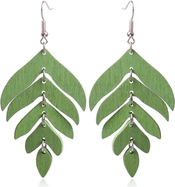 Shiyuan Handmade Lightweight Wooden Leaf Drop Dangle Earrings Bohemian Nature Wood Chain Leaf Earri…
