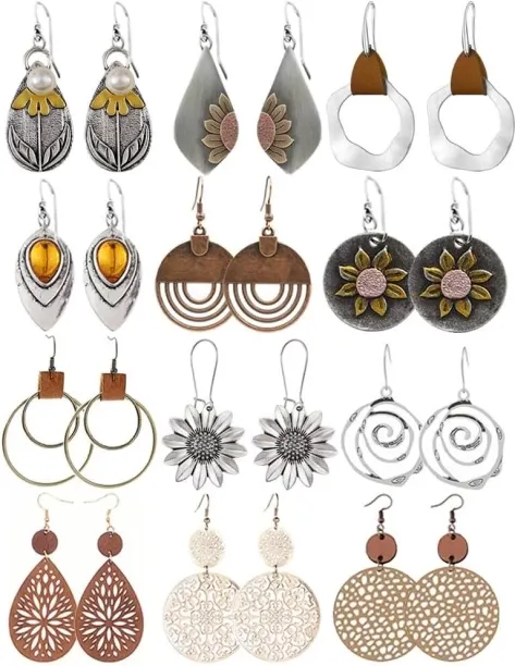Shiyuan 12 Pairs Vintage Geometric Round Earrings Wooden Leather Ethnic Style Vintage Sunflower Ear…