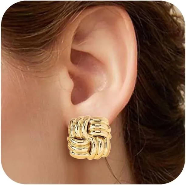 Jingchao Chunky Square Clip On Earrings for Women Trendy Gold-Plated Thick Geometric Textured Vinta…