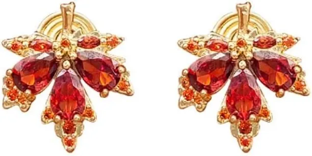 Jingchao Dainty Maple Leaf Clip On Non Piercing Earrings for Women Cubic Zirconia Red Crystal Autum…
