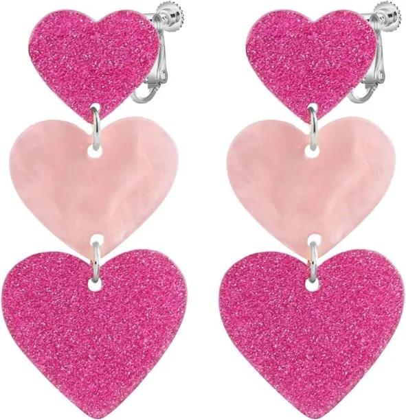 Pofufusm Clip on Dangle Earrings for Women, Pink Red Green Acrylic Love Heart Jewelry, Non Pierced,…