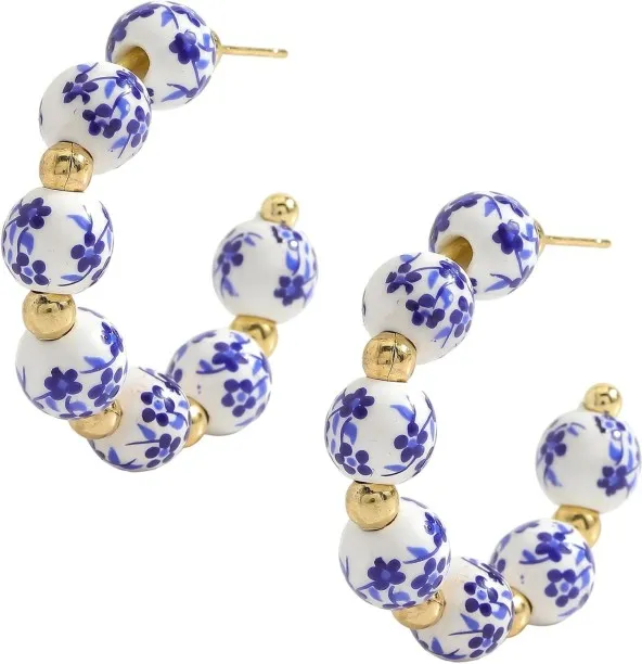 Junxidz Vintage Ceramic Porcelain Hoop Earrings for Women, Elegant Blue White Enamel Ceramic Patter…