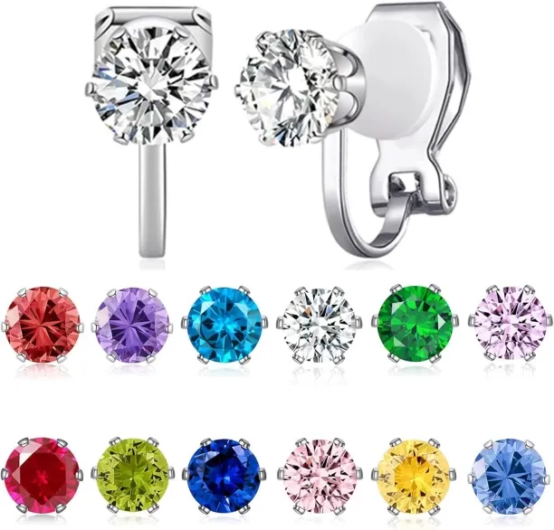 Pofufusm 12 Pairs Birthstone CZ Clip on Stud Earrings Set Cubic Zirconia Clip on Non Piercing Fake …